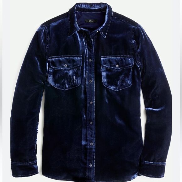 J. Crew Navy Blue Velvety Velour Button Up Pocket Chest Long Sleeve Shirt - Picture 2 of 16